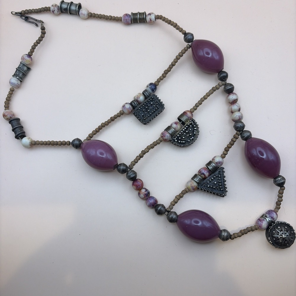 Vintage Tribal Bedouin Style Choker Necklace Silver Tone Amulet Purple Bead Boho